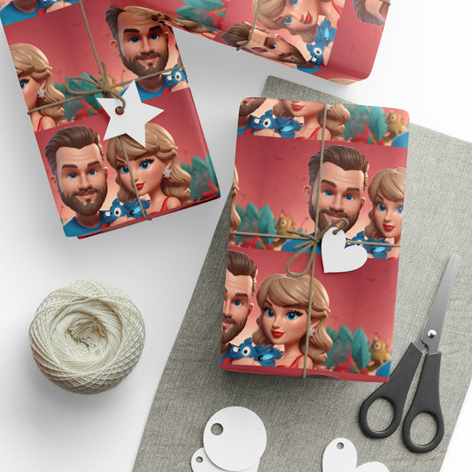 Cartoon Travis Kelce and Taylor Swift Football Birthday Gift Wrapping Papers