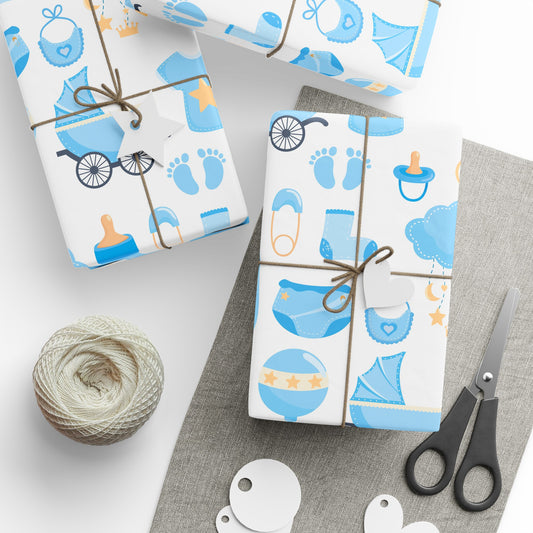 Baby Shower Boy Blue Toys Retro Drawing Cartoon Present Birthday Gift Wrapping Papers