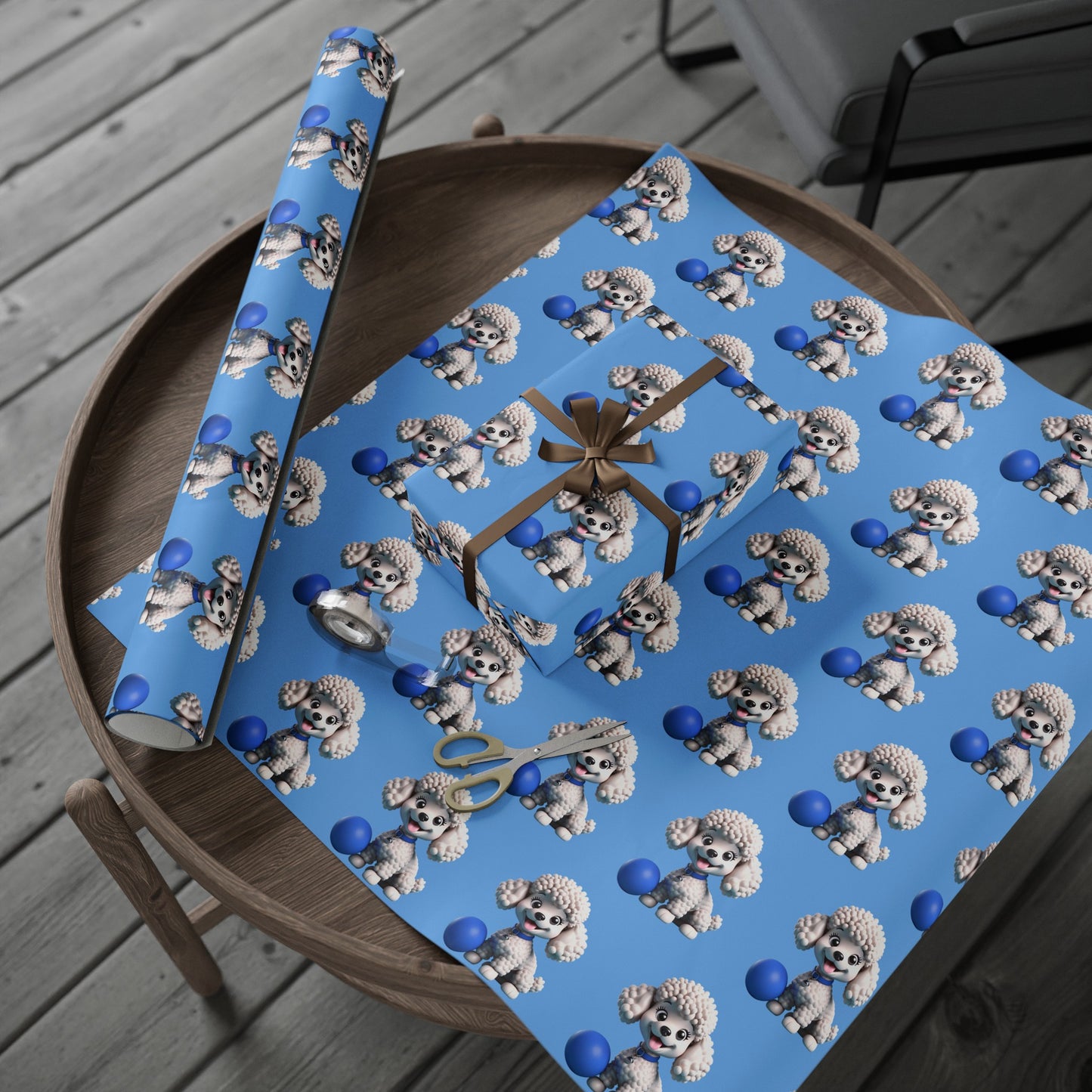 Poodle with ball Puppy Blue Birthday Gift Present Holiday Wrapping Paper