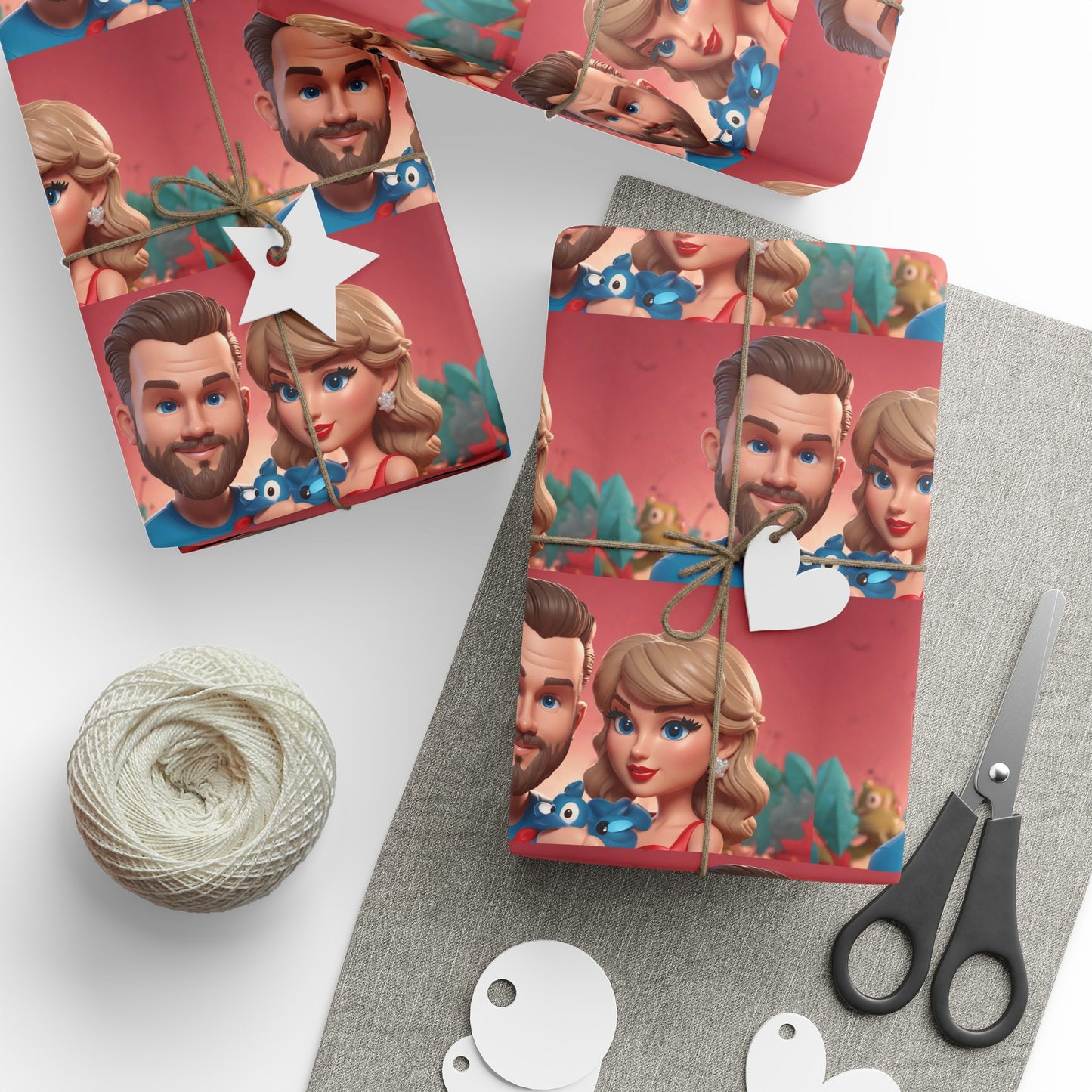 Cartoon Travis Kelce and Taylor Swift Football Birthday Gift Wrapping Papers