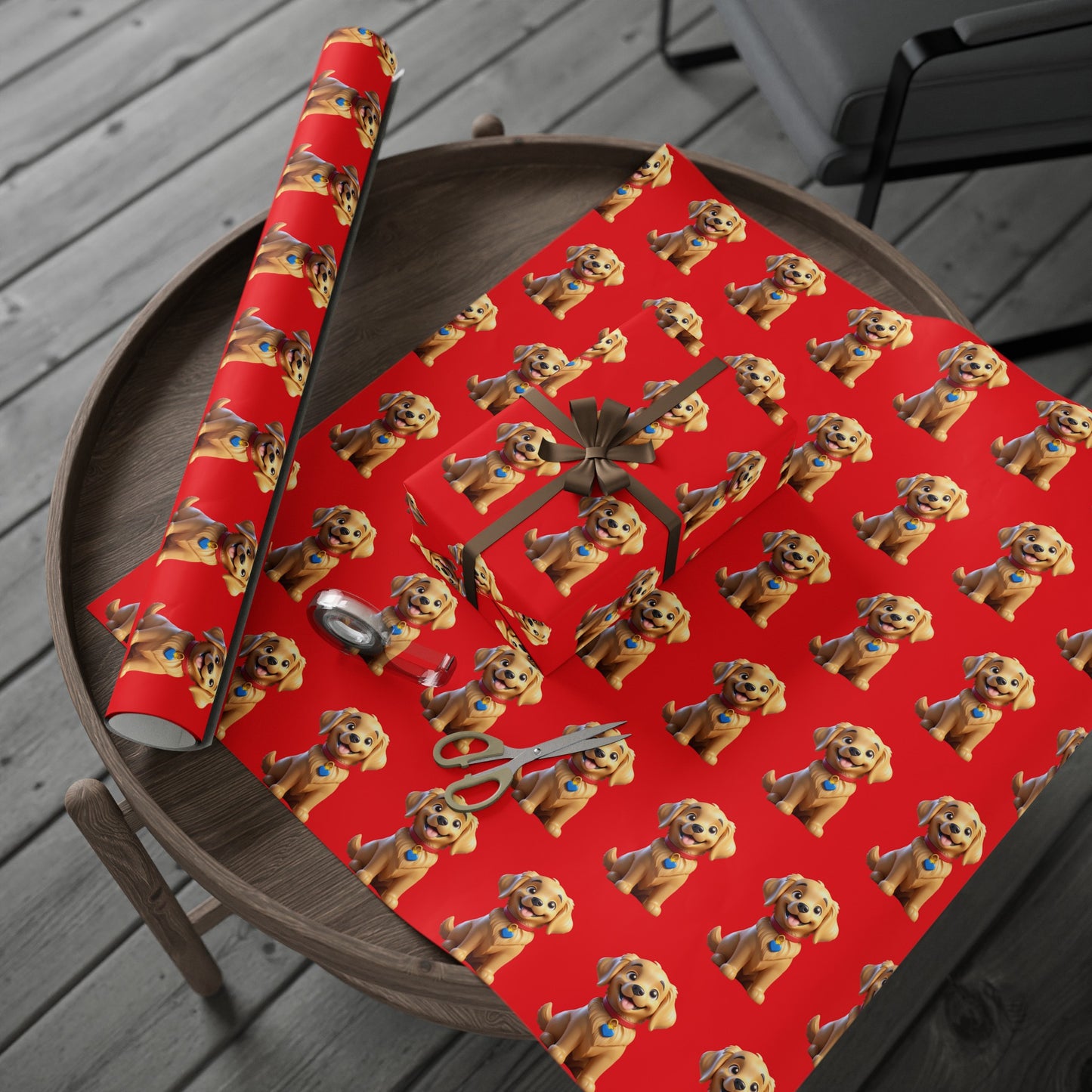 Golden Retriever Lab Puppy Red Birthday Gift Present Holiday Wrapping Paper